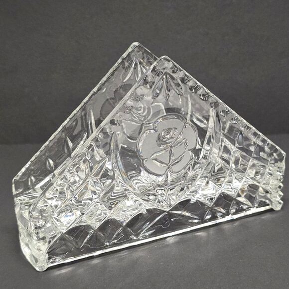 Vintage Cut Crystal Glass Triangle Napkin Holder Frosted Rose Accent - Picture 1 of 10